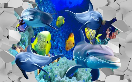 3D стена, подводный мир, дельфины, рыбы, голубые, синие, серые, жёлтые