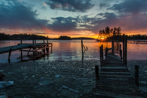 закат, финляндия, природа, озеро, красные, черные, фиолетовые