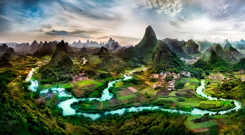 деревня, китай, река, природа, горы, зеленые, поле, синие, серые