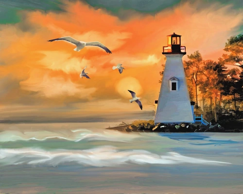 маяк, рисунок, иллюстрация, море, океан, башня, чайка, птицы, вода, закат, рассвет, серые, оранжевые